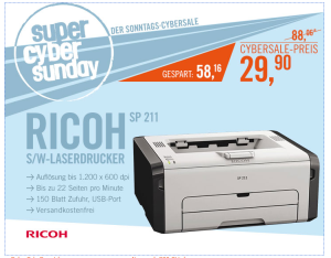 SuperCyberSunday bei Cyberport: Ricoh SP 211 S/W-Laserdrucker für 29,90 Euro inkl. Versand!