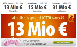 Heute 13 Millionen Jackpot Mittwochs-Jackpot – als Neukunde komplette 7 Felder bei Tipp24 für nur 1,- Euro statt 7,50 Euro spielen