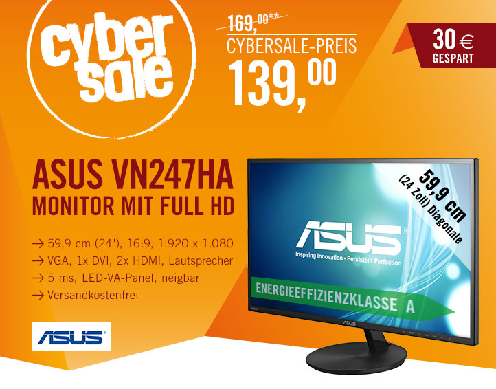 Cybersale! ASUS VN247HA 60cm (24″) 16:9 FullHD TFT Monitor mit DVI/VGA/2xHDMI für nur 139,- Euro inkl. Versand
