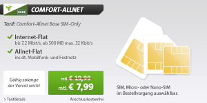 Base Comfort Allnet-Sim-Only Tarif für nur 7,99 Euro monatlich mit Allnet-Telefonflat und 500 MB  Datenflat!