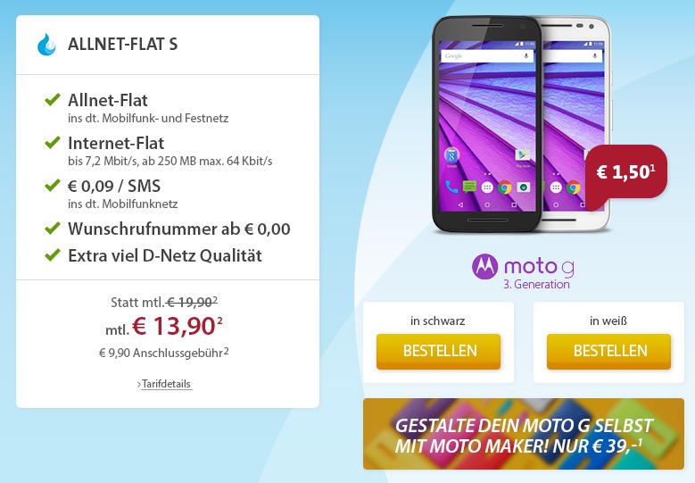 Sprach- und Datenflat im Telekom-Netz inkl. Motorola Moto G 3.Gen ab 13,90 Euro monatlich