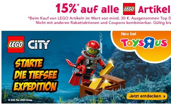 Satte 15% Rabatt auf alle LEGO Artikel mit Mindesbestellwert von 30,- Euro