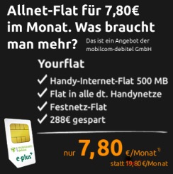 Nur noch 6 Stunden! Echte Allnet-Flat inkl. Internet-Flat (500MB) nur 7,80 Euro monatlich statt normal 19,80 Euro