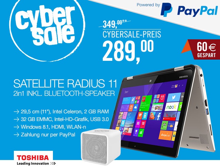 Toshiba Satellite Radius 11 CL10W-B-100 Notebook Tablet 2in1 Windows8.1+Speaker nur 289,- Euro inkl. Versand