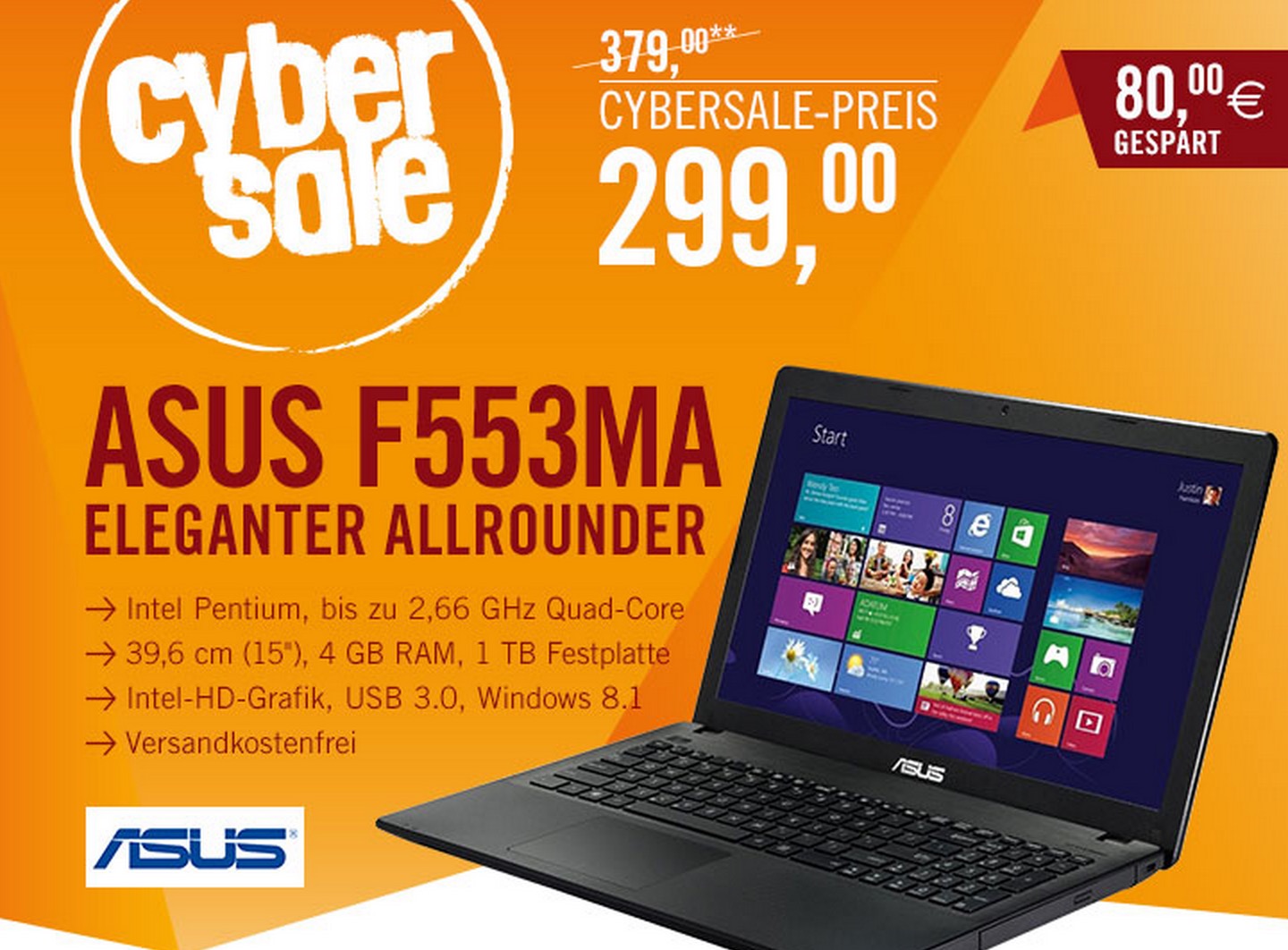 Asus F553MA-XX421H Quadcore Notebook mit N3540 4GB/1TB HD Windows 8.1 für nur 299,- Euro inkl. Versand