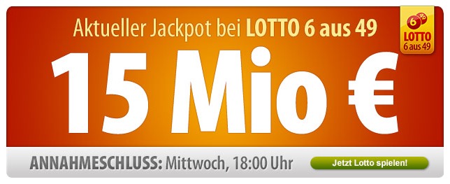 Nur bis 18:00 Uhr! 15 Millionen im Lotto-Jackpot – jetzt als Neukunde anmelden und komplette 7 Felder bei Tipp24 für nur 1,- Euro statt 7,50 Euro