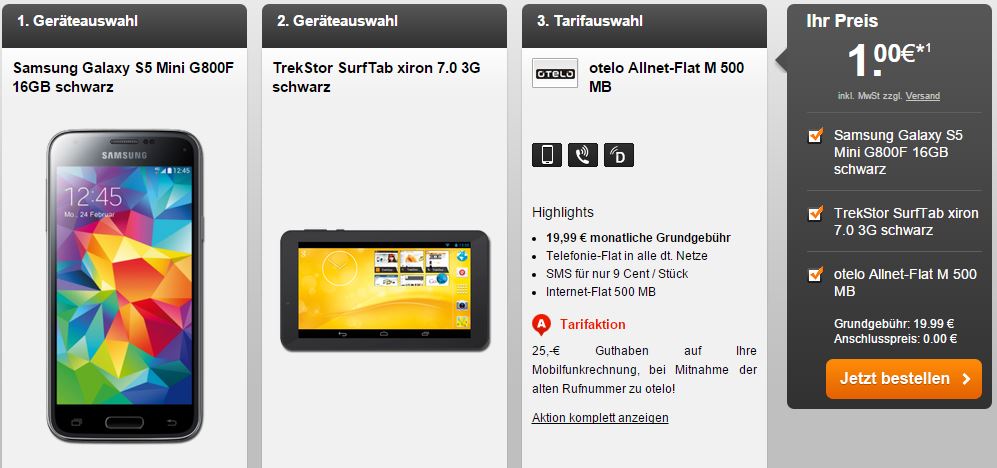 Otelo Allnet-Flat M für nur 19,99 Euro monatlich + Samsung Galaxy S5 Mini G800F 16GB schwarz und TrekStor SurfTab xiron 7.0 3G schwarz für einmalig 1,- Euro Zuzahlung