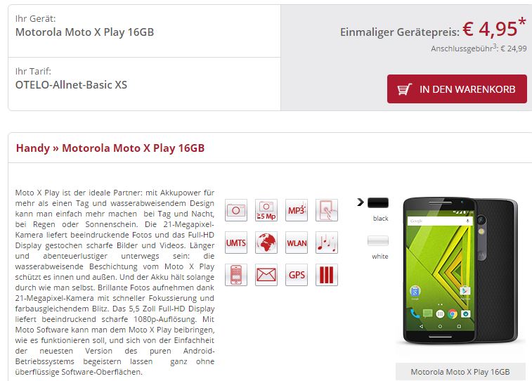 Abgelaufen! Tarif Otelo XS für nur 9,99 Euro monatlich + Moto X Play für nur 4,95 Euro (Idealo 349,- Euro)