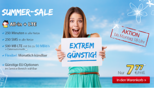 DeutschlandSIM Summer Sale: All-In LTE Tarif im O2-Netz  mit 250 Minuten + 250 SMS + 500 MB Daten für nur 7,77 Euro/Monat – jederzeit kündbar!