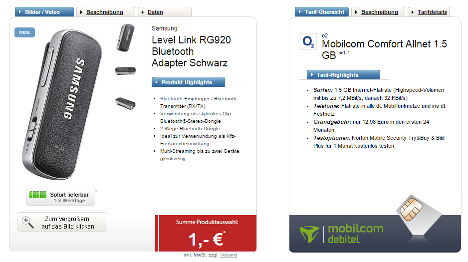 o2 Mobilcom Comfort Allnet 1,5 GB mit Samsung Level Link RG920 Bluetooth Adapter nur 12,98 Euro + 1,- Euro Zuzahlung