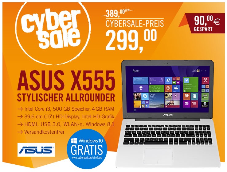 Notebook Asus X555 in Weiß (Core i3-4030U Windows 8.1) nur 299,- Euro inkl. Versand