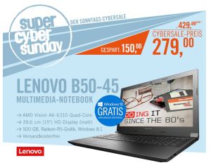 Lenovo B50-45 MCD32GE Notebook mit AMD A6-6310 Prozessor und Windows 8.1 für nur 279,- Euro!