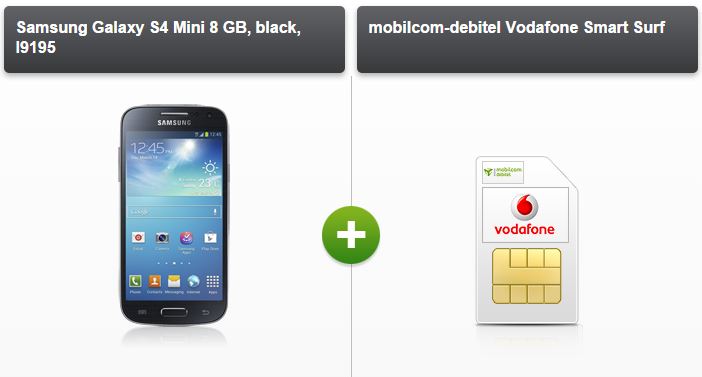 Mobilcom-debitel Vodafone Smart Surf Tarif mit 1GB Datenflat, 50 Minuten und 50 SMS + Samsung Galaxy S4 Mini für 9,99 Euro monatlich mit 19,- Euro Zuzahlung!