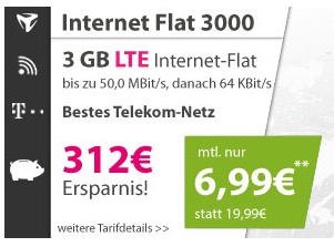 Der Logitel-Knaller! Internet Flat 3000 im Telekom-Netz nur 6,99 Euro im Monat (normal 19,99)