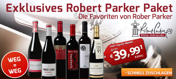 Exklusives Robert Parker-Paket mit 6 Weinen mit mindestens 90 Parker-Punkten nur 39,99 Euro inkl. Versand – mit Trick noch günstiger!