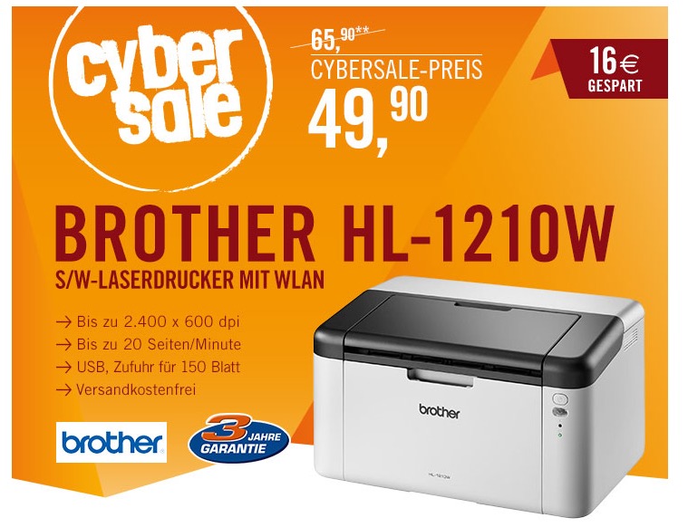 Brother HL-1210W S/W Laserdrucker mit WLAN für nur 49,90 Euro!