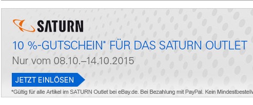 Ab heute: 10% Rabatt im Saturn Ebay Outlet durch Paypal Gutschein!