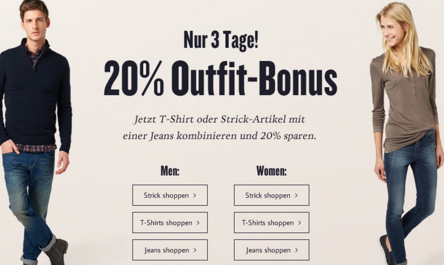 20% Outfit-Bonus bei Kombination von T-Shirts, Strick und Jeans bei Tom Tailor