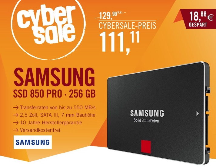 Samsung SSD 850 PRO Series 256GB 2,5″ MLC SATA600 nur 111,11 Euro inkl. Versand