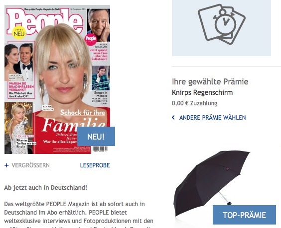 7 Ausgaben People und dazu ein Knirps Regenschirm im Wert von 30,- Euro für nur 9,50 Euro