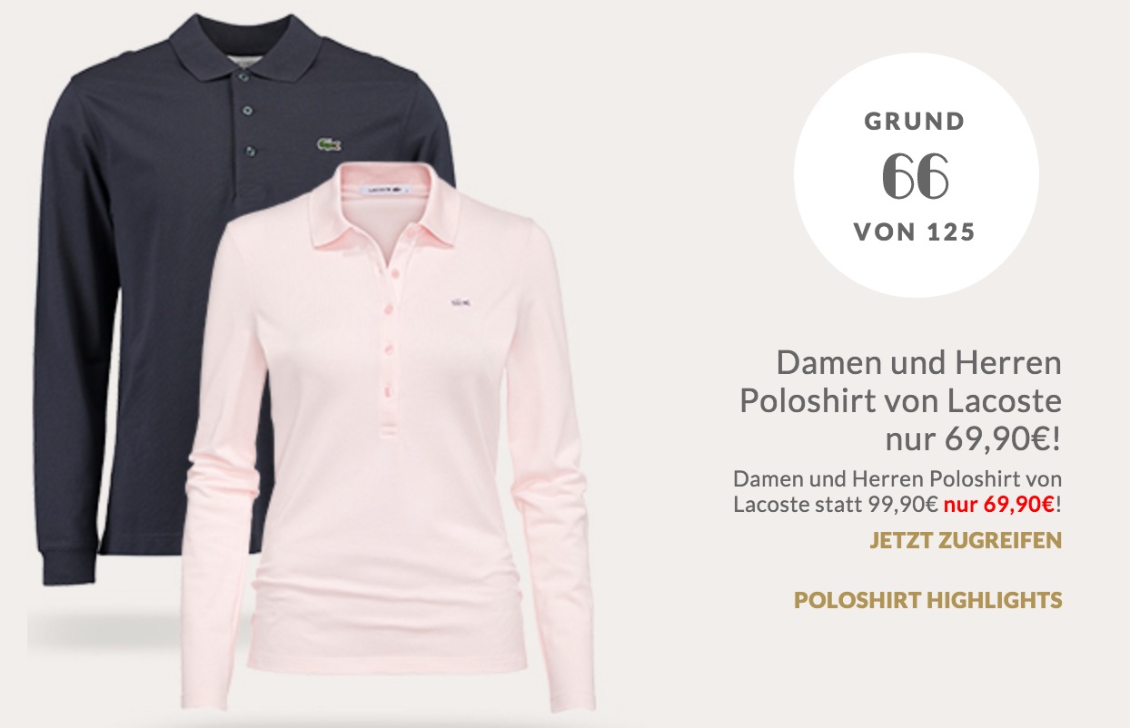 Lacoste Poloshirts Langarm für Männer oder Frauen ab je nur 64,90 Euro inkl. Versand