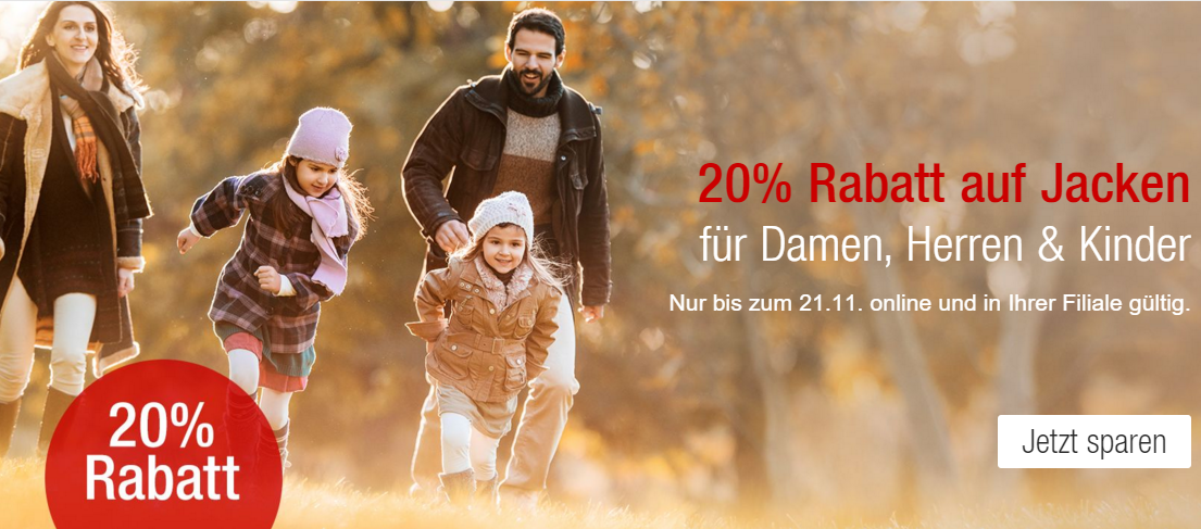 20% Rabatt auf Damen,- Herren- und Kinderjacken bei Galeria Kaufhof + 10% Newsletter Gutschein!