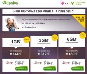Mobilcom debitel Telekom-LTE Flats mit 50 Mbit/s: 1GB für 3,99 Euro, 3GB für 6,99 Euro und 6GB für 9,99 Euro!