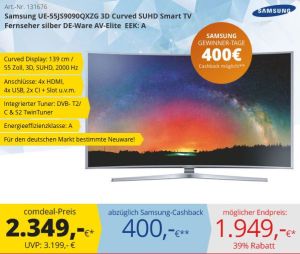 Samsung UE-55JS9090QXZG 3D Curved SUHD Smart TV Fernseher für 1949,- Euro!
