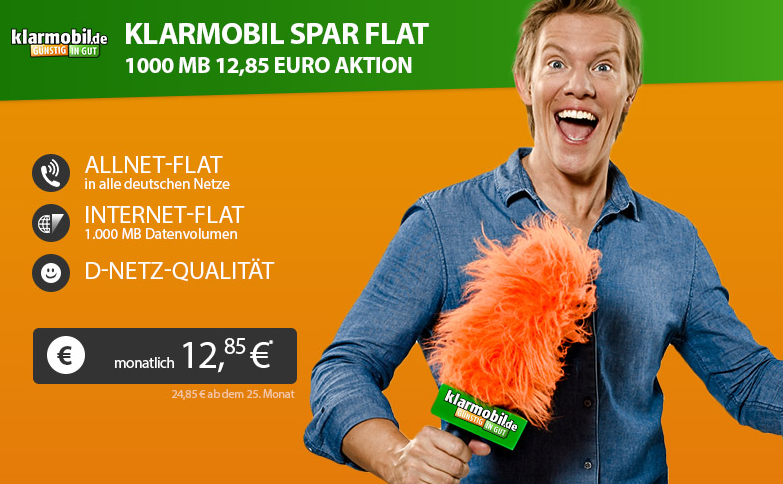 Klarmobil Allnet Spar-Flat mit 1000 MB Datenflat im Telekom Netz für nur 12,85 Euro pro Monat!