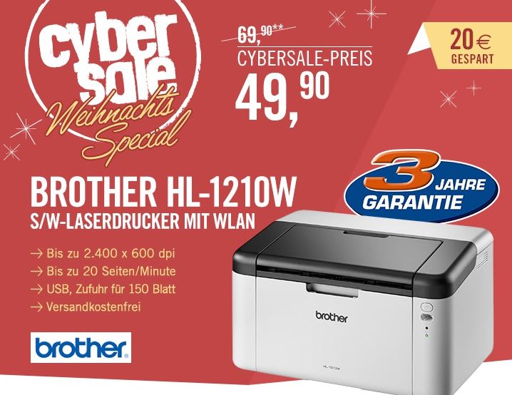 Cybersale: Brother HL-1210W S/W-Laserdrucker WLAN für nur 49,99 Euro inkl. Versand