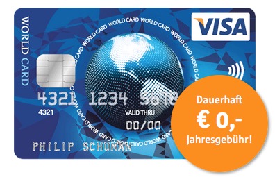 Visa World Card dauerhaft ohne Jahresgebühr & Gebührenfrei im Ausland Bargeld abheben, mit Wunsch-PIN