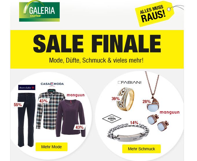 Sale Finale bei Galeria-Kaufhof: Bis 50% Rabatt auf bereits reduzierte Mode, Schuhe und Taschen – 10% Gutschein!