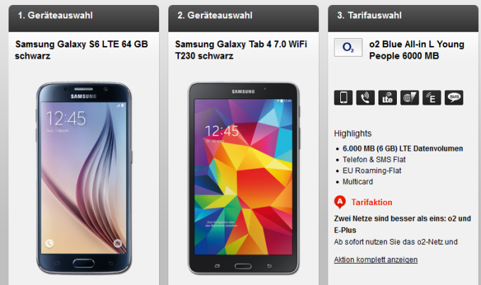 Samsung Galaxy S6 64GB + Galaxy Tab 4 + o2 Blue All-in L mit bis zu 6GB Datenflat für 39,99 Euro monatlich!