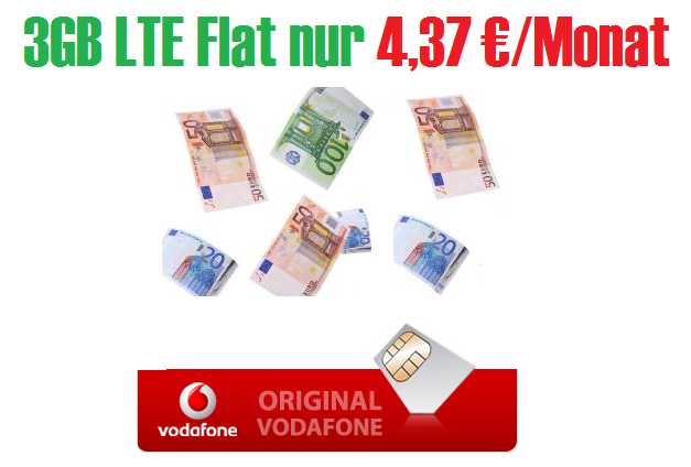 Sim-Only LTE-Flat! Vodafone DataGo M 3GB LTE für 17,49 Euro + 315,- Euro Bar-Auszahlung – efffektiv nur 4,36 Euro