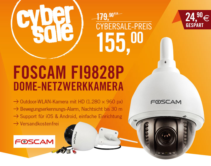Cybersale: Foscam FI9828P Wireless Netzwerkkamera Outdoor Dome 1,3MP 960p 3-fach Zoom weiß für nur 155,- Euro inkl. Versand