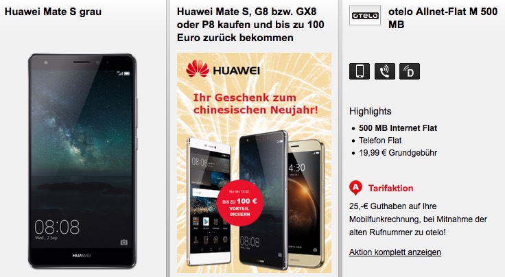 Bei Handyflash den Otelo Allnet Flat M für 19,99 Euro + Huawei Mate S kostenfrei (Vergleichspreis 427,- Euro)