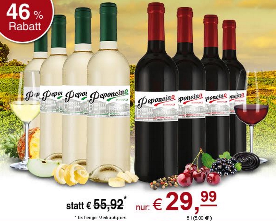 Probierpaket mit je 4 Flaschen Peponcino Tinto und Blanco semidulce für nur 29,99 Euro inkl. Versand