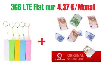 3GB LTE Flat Vodafone DataGo M für 17,49 Euro + Powerbank + 315,- Euro Bar-Auszahlung