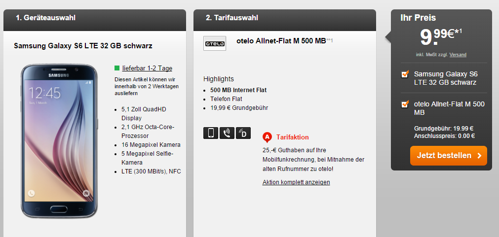 Otelo Allnet-Flat M (Flat in alle Netze inkl. 500MB Datenflat) für nur 19,99 Euro monatlich – dazu das Samsung Galaxy S6 LTE 32 GB einmalig 9,99 Euro