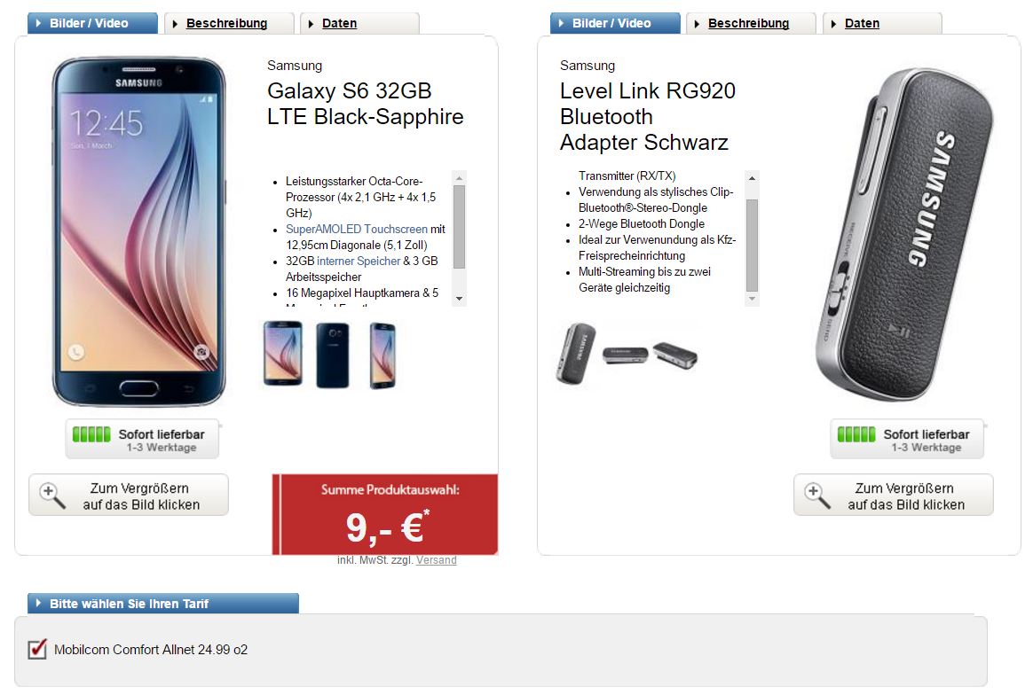 Logitel: Mobilcom O2 Comfort Allnet Tarif mit 1GB Datenflat für 24,99 Euro/Monat + Samsung Galaxy S6 & Level Link RG920 Bluetooth Adapter für einmalig nur 9,- Euro