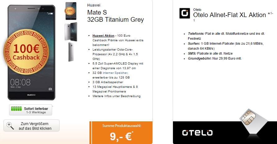 Otelo Allnet-Flat XL im D-Netz (Flat in alle Netze inkl. 1GB Datenflat) nur 29,99 Euro monatlich + Huawei Mate S 32GB für einmalig 9,- Euro + Huawei MediaPad T1 7.0 8GB Wifi geschenkt