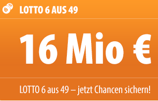 16 Millionen im Lotto-Jackpot – jetzt als Neukunde anmelden und komplette 6 Felder bei Tipp24 für nur 1,- Euro statt 6,50 Euro