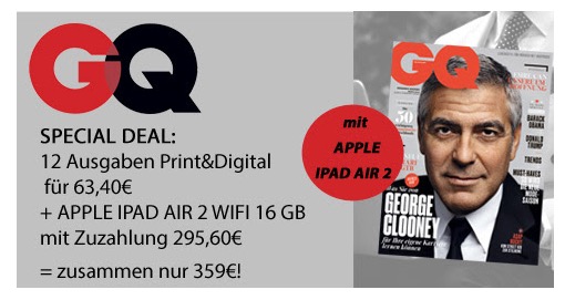 12 Ausgaben GQ Digital&Print mit dem APPLE IPAD AIR 2 insgesamt für nur 359,- Euro
