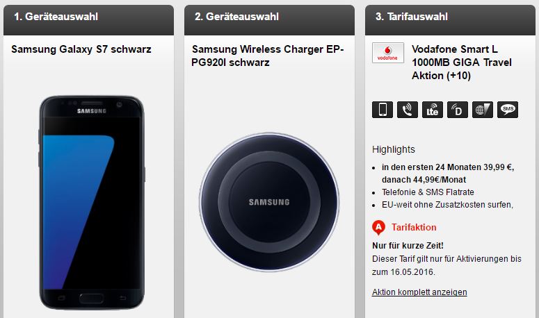 Handyflash: Tarif Vodafone Smart L 1000MB GIGA Travel für nur 39,95 Euro + Samsung Galaxy S7 & Samsung Wireless Charger EP-PG920 für nur einmalig 1,- Euro