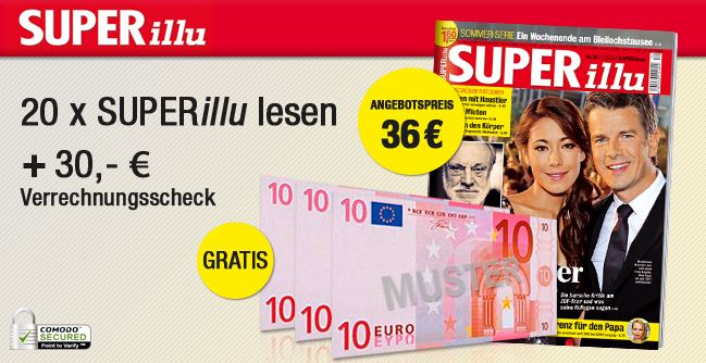 20 Ausgaben der Zeitschrift SUPERillu für nur effektiv 6,- Euro dank 30,- Euro Verrechnugsscheck