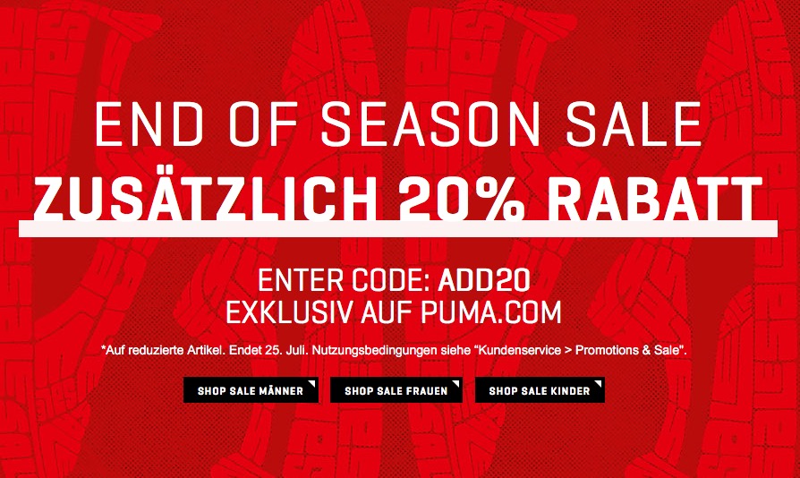 Sale bei Puma mit bis zu 50% Rabatt + 20% Extrarabatt durch Gutscheincode