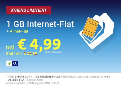 Knaller! Comfort Allnet O2 Tarif mit Allnet-Flat + 1GB Daten für 4,99 Euro oder 50Min + 50 SMS + 1GB Daten für 1,99 Euro!