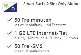 Knaller! Smart Surf o2 Aktion mit 50 Minuten + 50 SMS + Internet-Flat 1GB 21MBit nur 2,99 Euro statt normal 11,99 Euro