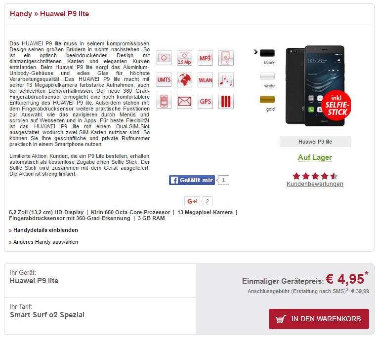 Tarif Smart Surf o2 Spezial mit 1GB Datenvolumen für nur 9,99 Euro monatlich + Huawei P9 lite für einmalig 4,95 Euro