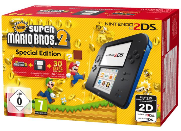 Nintendo 2DS Schwarz/Blau + New Super Mario Bros. 2 (Special Edition) nur 69,- Euro inkl. Versand (Vergleich 92,-)